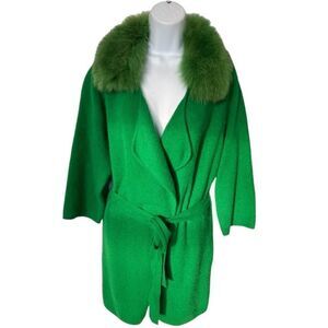 LONYUASH Green Cardigan Faux Fur Collar Belted Trench Coat Size M.